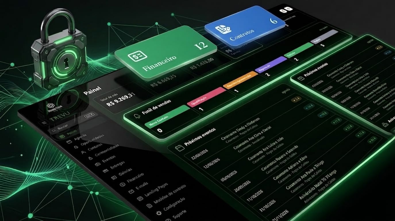 Painel da Trevu com o resumo financeiro do mês, o funil de vendas e a lista dos próximos casamentos, ao lado de um cadeado representando o Modo Cofre